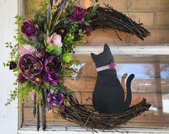 Black Cat Crescent Moon Grapevine Wreath w/ Purple Flowers & Glitter • Witchy Celestial Door Art • Halloween Lunar Decor • Kitty Lovers Gift