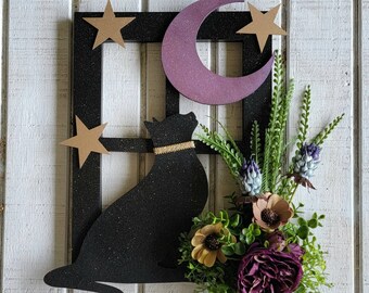 Cat Moon Window Pane Wall Art • Witchy Purple & Black Gothic Home Decor • Kitty Lovers Gift • Celestial Door Wreath • Photo Frame Artwork
