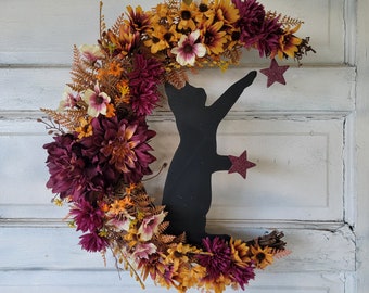 Fall Black Cat Crescent Moon Wreath • Autumn Front Door Wreath • Witchy Celestial Door Hanger • Halloween Lunar Decor • Kitty Lover Gift