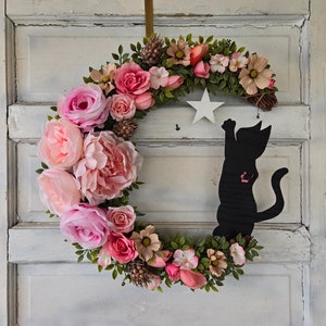 Spring Crescent Moon Black Cat Wreath w/ Pink Peonies & Star • Witchy Cottagecore Front Door Hanger • Summer Half Moon • Kitty Lovers Gift