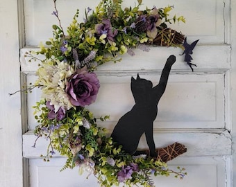 Black Cat & Fairy Crescent Moon Wreath Purple Flowers • Cottagecore Lunar Wreath • Fae Decor • Witchy Front Door Hanger • Cat Lovers Gift