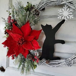 Winter Crescent Moon Black Cat Wreath w/ Poinsettia Witchy Seasonal Door Hanger Snowflake Half Moon Winter Wreath Cat Lovers Gift image 6