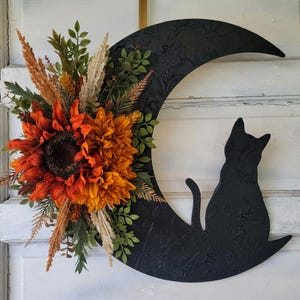 Fall Cat Crescent Moon Wreath Witchy Botanical w/ Sunflower • Ethereal Celestial Door Hanger • Halloween Lunar Home Decor • Kitty Lover Gift