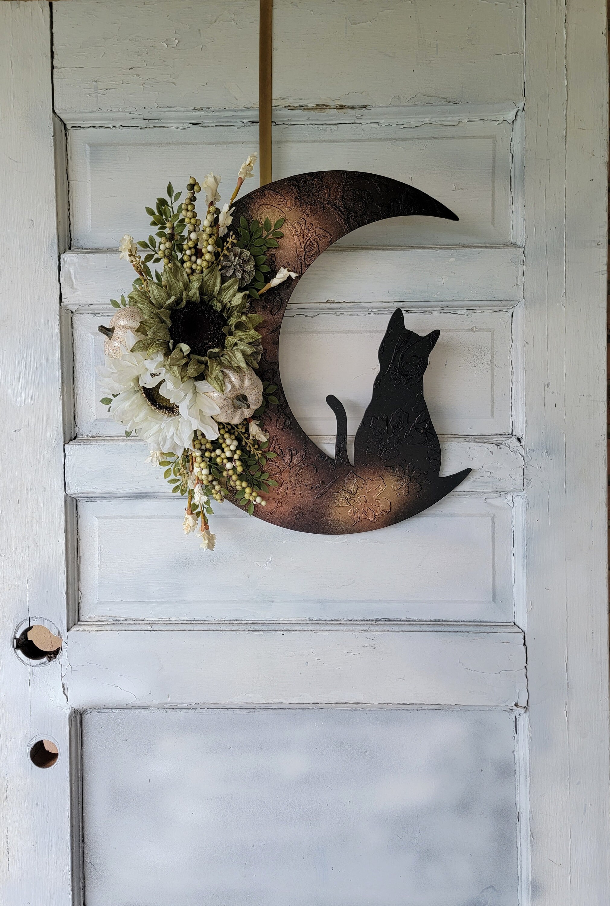 Fall Crescent Moon Cat Pumpkin & Sunflower Wreath • Ethereal
