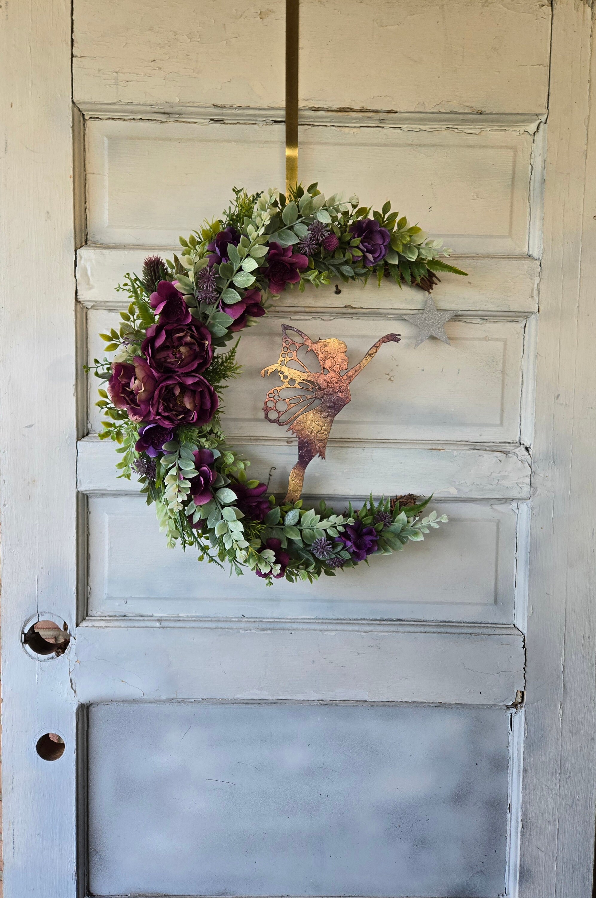 Fairy Crescent Moon Wreath W/ Purple Flowers • Cottagecore Lunar