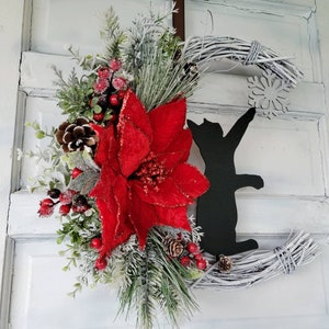Winter Crescent Moon Black Cat Wreath w/ Poinsettia Witchy Seasonal Door Hanger Snowflake Half Moon Winter Wreath Cat Lovers Gift image 2