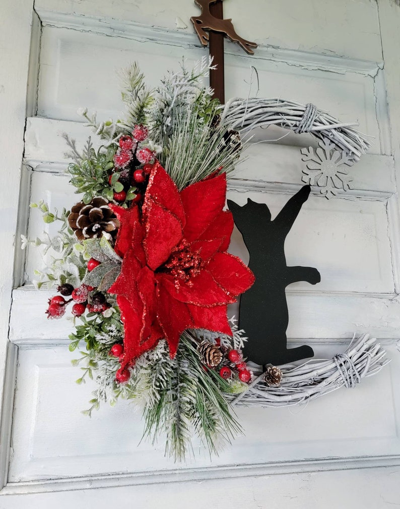 Winter Crescent Moon Black Cat Wreath w/ Poinsettia Witchy Seasonal Door Hanger Snowflake Half Moon Winter Wreath Cat Lovers Gift image 2