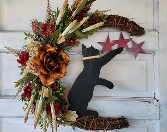 Black Cat Crescent Moon Fall Grapevine w/ Rust & Burgundy Flowers • Witchy Celestial Door Hanger • Halloween Lunar Decor • Cat Lovers Gift