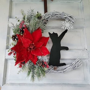 Winter Crescent Moon Black Cat Wreath w/ Poinsettia Witchy Seasonal Door Hanger Snowflake Half Moon Winter Wreath Cat Lovers Gift image 3