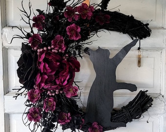 Schwarze Katze Hexenkranz Halbmond Kranz mit Kristall • Gothic Gothic Türschild • Halloween Mond Dekoration • Geschenk für Kitty Liebhaber