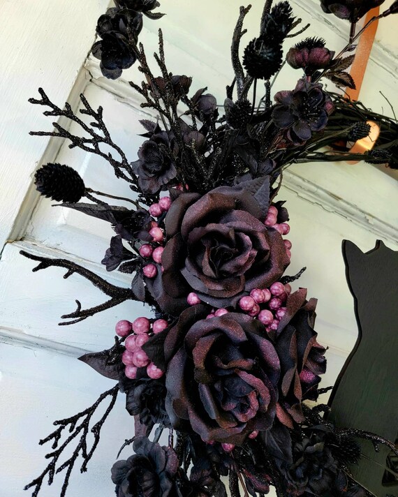 Couronne De Chat Halloween Lune Avec Rose, Couronne Noire D'Halloween Pour Porte D'entrée, Couronne Gothique, Guirlandes Pour Fenêtre, Mur, Fête, Décoration De La Maison, Pot De Fleurs Suspendu, Noir