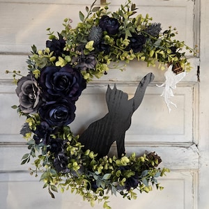 Black Cat & Fairy Crescent Moon Wreath w/ Blue Flowers • Cottagecore Lunar Wreath • Fae Decor • Witchy Front Door Hanger • Cat Lovers Gif