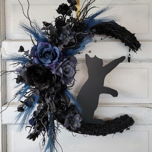 Blue Witchy Cat Moon Crescent Moon • Onyx Crystal Front Door Decor • Gothic Celestial Door Hanger • Spooky Lunar Decor • Kitty Lovers Gift