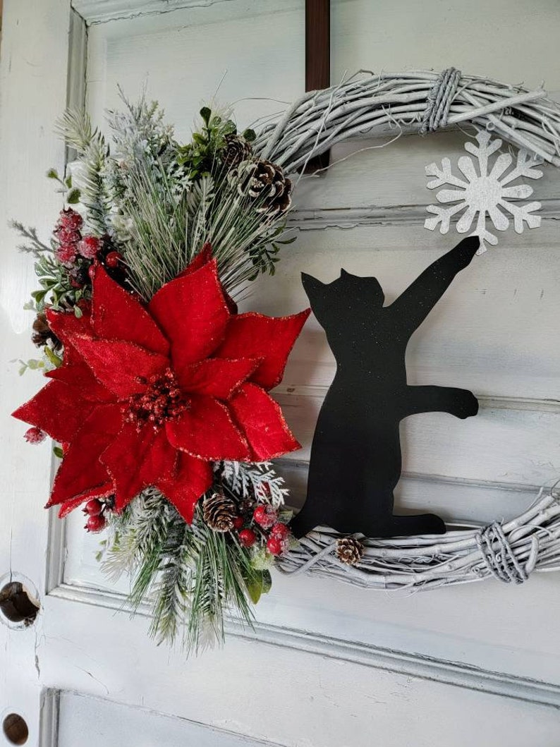 Winter Crescent Moon Black Cat Wreath w/ Poinsettia Witchy Seasonal Door Hanger Snowflake Half Moon Winter Wreath Cat Lovers Gift image 4