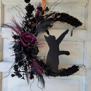 Cat Moon Wreath Witchy Halloween Crescent • Crystal Grapevine Wreath • Gothic Celestial Door Hanger • Spooky Lunar Decor • Kitty Lovers Gift