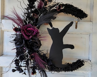 Katzen Mond Kranz Witchy Halloween Crescent • Kristall Weinreben Kranz • Gothic Celestial Tür Aufhänger • Spooky Lunar Decor • Kitty Lovers Gift
