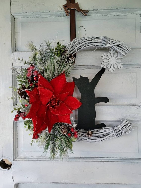 Christmas Crescent Moon Black Cat Wreath W/ Poinsettia • Winter