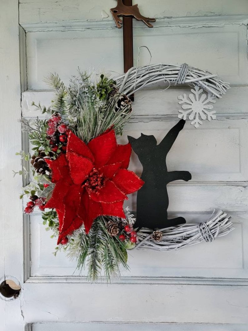 Winter Crescent Moon Black Cat Wreath w/ Poinsettia Witchy Seasonal Door Hanger Snowflake Half Moon Winter Wreath Cat Lovers Gift image 7