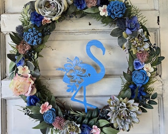 Blauer Flamingo Türkranz • Tropisches Wohndekor • Urlaub Haus Botanischer Türkranz • Strandhaus-Kranz • Sommerkranz
