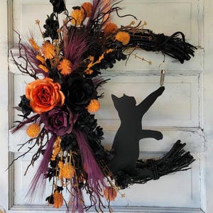 Halloween Cat Moon Wreath Witchy Crescent w/ Crystal 18&#39;&#39; Grapevine • Gothic Celestial Door Hanger • Spooky Lunar Decor • Kitty Lovers Gift