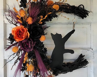 Halloween Cat Moon Wreath Witchy Crescent w/ Crystal 18'' Grapevine • Gothic Celestial Door Hanger • Spooky Lunar Decor • Kitty Lovers Gift