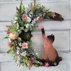 Spring Succulent Cat Crescent Moon Wreath • Wildflower Boho Door Hanger • Cottagecore Decor • Easter Front Door Decor • Mom Cat Lovers Gift