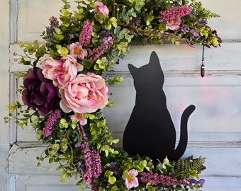 Black Cat Amethyst Crescent Moon Wreath w/ Pink Flowers • Cottagecore Lunar Wreath • Fae Decor • Witchy Front Door Hanger • Cat Lovers Gift