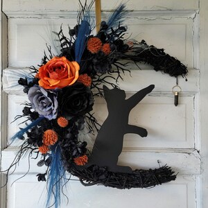 Halloween Cat Moon Wreath Witchy Crescent w/ Crystal 18&#39;&#39; Grapevine • Gothic Celestial Door Hanger • Spooky Lunar Decor • Kitty Lovers Gift