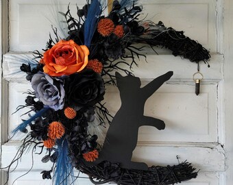 Halloween Katze Mond Kranz Witchy Halbmond mit Kristall 18 '' Grapevine • Gothic Celestial Türschild • Gruseliges Mond Dekor • Kitty Liebhaber Geschenk