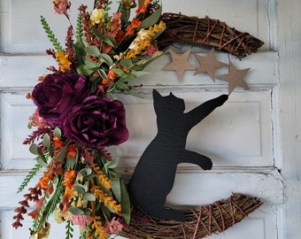 Cat Moon Fall Wreath Crescent w/ Stars 18'' Witchy Grapevine • Purple Celestial Door Hanger • Halloween Lunar Decor • Kitty Lovers Gift