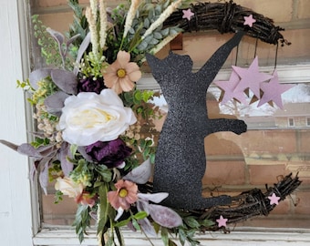 Black Cat Crescent Moon Grapevine Wreath • Cream and Purple Flowers & Stars • Witchy Front Door Hanger • Halloween Lunar Decor • Cottagecore