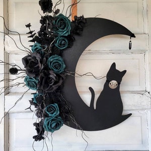 Witchy Cat Crescent Moon Wreath w/ Pentacle Collar & Crystal • Gothic Celestial Door Hanger • Halloween Lunar Home Decor • Cat Lovers Gift