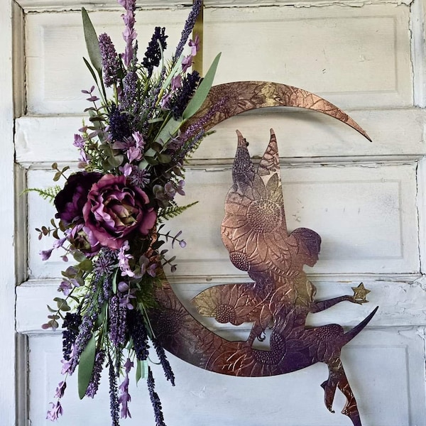 Iridescent Fairy Crescent Moon Wreath • Purple Fantasy Wreath • Ethereal Celestial Door Hanging • Lunar Home Wall Decor • Fae Lovers Gift