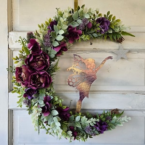 Fairy Crescent Moon Wreath w/ Purple Flowers • Cottagecore Lunar Wreath • Fae Decor • Witchy Front Door Hanger • Fantasy Lovers Gift