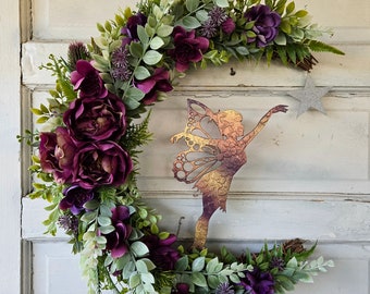 Fairy Crescent Moon Wreath w/ Purple Flowers • Cottagecore Lunar Wreath • Fae Decor • Witchy Front Door Hanger • Fantasy Lovers Gift