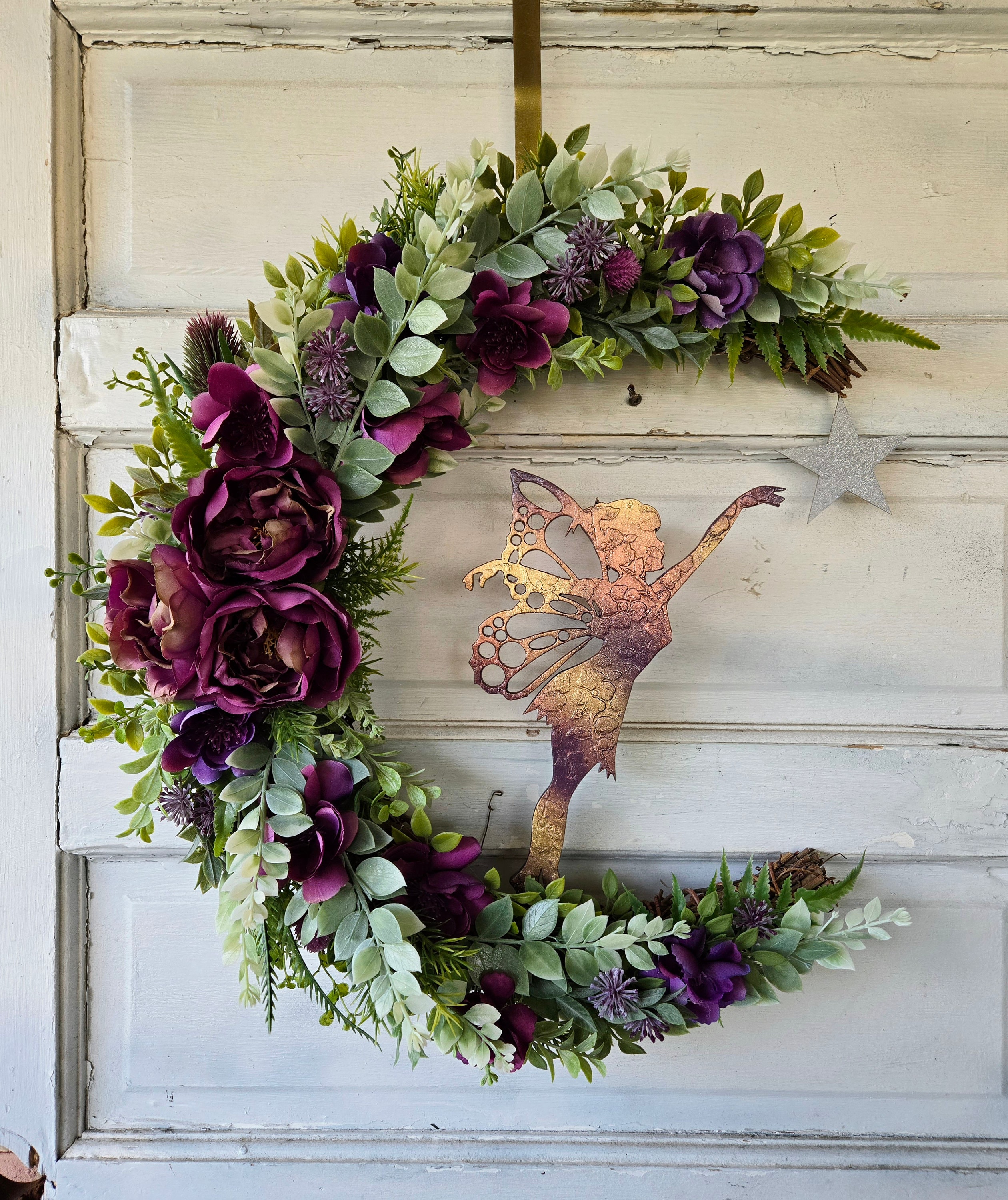 Fairy Crescent Moon Wreath W/ Purple Flowers • Cottagecore Lunar