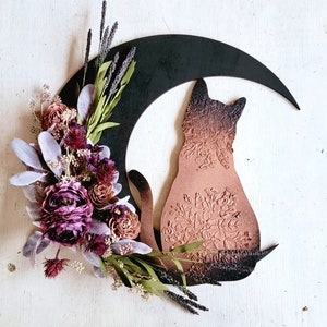 Cat Wreath Ethereal Botanical Crescent Moon w/ Purple Flowers • Witchy Celestial Door Hanger • Halloween Lunar Boho Decor • Kitty Lover Gift