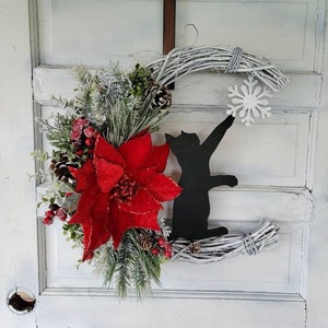 Winter Crescent Moon Black Cat Wreath w/ Poinsettia Witchy Seasonal Door Hanger Snowflake Half Moon Winter Wreath Cat Lovers Gift image 5