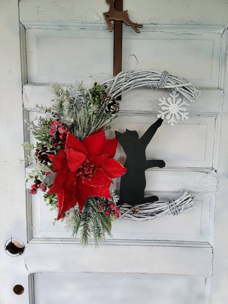 Winter Crescent Moon Black Cat Wreath w/ Poinsettia Witchy Seasonal Door Hanger Snowflake Half Moon Winter Wreath Cat Lovers Gift image 5