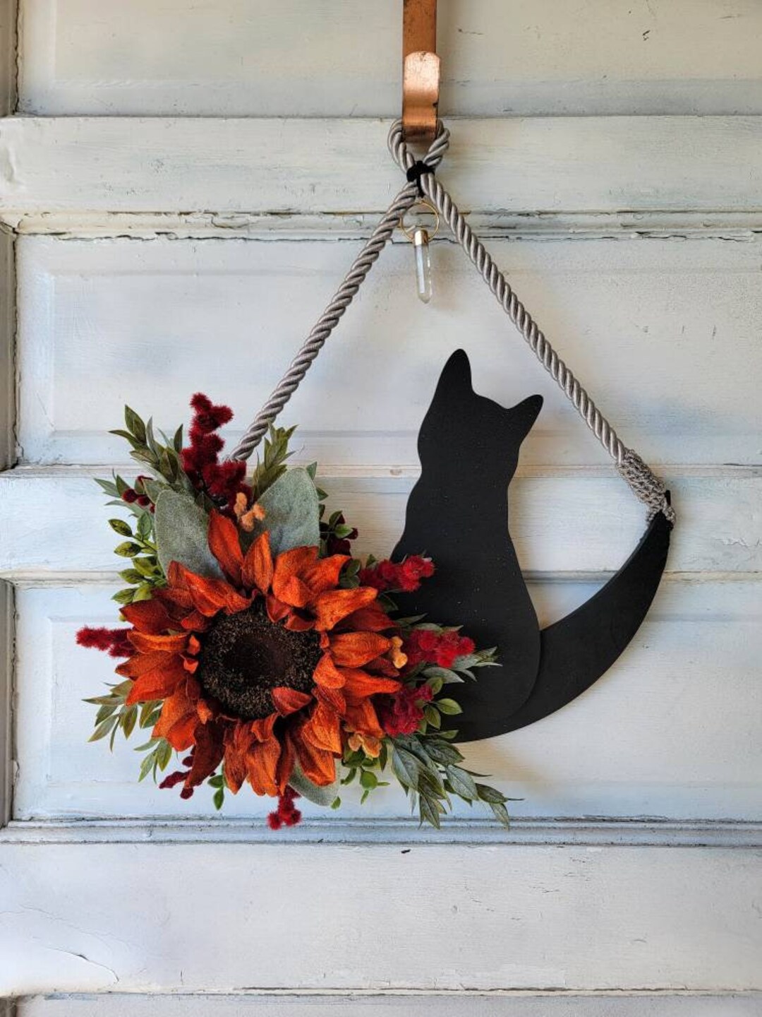 Fall Cat Wall Decor Crystal Crescent Moon W/ Orange Sunflower • Witchy ...