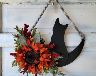 Fall Cat Wall Decor Crystal Crescent Moon w/ Orange Sunflower • Witchy Celestial Door Hanger • Halloween Lunar Home Decor • Kitty Lover Gift