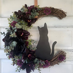 Black Cat Crescent Moon Grapevine Wreath w/ Black Roses & Glitter • Witchy Celestial Door Art • Halloween Lunar Decor • Kitty Lovers Gift