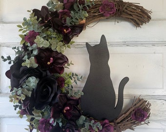 Weinrebe Kranz mit schwarzer Katze und schwarzen Rosen & Glitter • Hexenhafte himmlische Türkunst • Halloween Dekoration • Geschenk für Katzenliebhaber