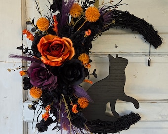 Witchy Halloween Cat Moon Wreath Crescent w/ Crystal 18'' Grapevine • Gothic Celestial Door Hanger • Spooky Lunar Decor • Kitty Lovers Gift