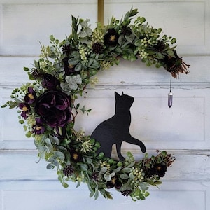 Black Cat Crescent Moon Wreath • Purple Flowers & Amethyst Crystal • Witchy Celestial Door Hanger • Halloween Lunar Decor • Kitty Lover Gift