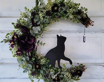 Black Cat Crescent Moon Wreath • Purple Flowers & Amethyst Crystal • Witchy Celestial Door Hanger • Halloween Lunar Decor • Kitty Lover Gift