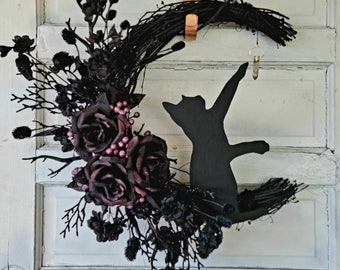 Halloween Kranz • Gothic Gothic Türschild • Halloween Mond Dekoration • Geschenk für Kitty Liebhaber