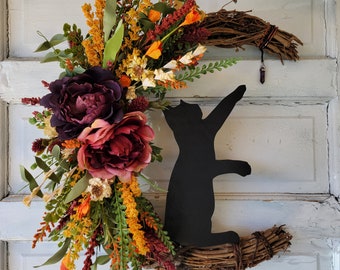 Cat Moon Fall Wreath Crescent w/ Crystal 18'' Witchy Grapevine • Purple Celestial Door Hanger • Halloween Lunar Decor • Kitty Lovers Gift
