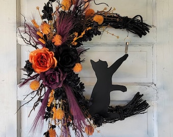 Halloween Katze Mond Kranz Witchy Halbmond mit Kristall 18 '' Grapevine • Gothic Celestial Türschild • Gruseliges Mond Dekor • Kitty Liebhaber Geschenk