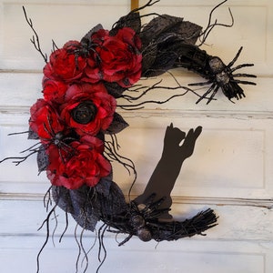 Halloween Cat Moon Witchy Crescent Wreath w/ Red Florals & Spiders • Gothic Celestial Door Hanger • Spooky Fall Decor • Kitty Lovers Gift